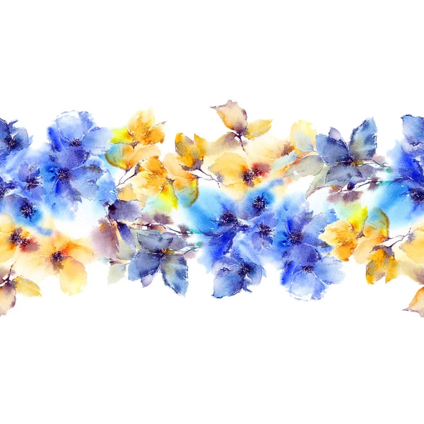 Seamless floral border. Floral ornament for decor. Greeting card with yellow and blue drawn flowers. Watercolor bouquet.
