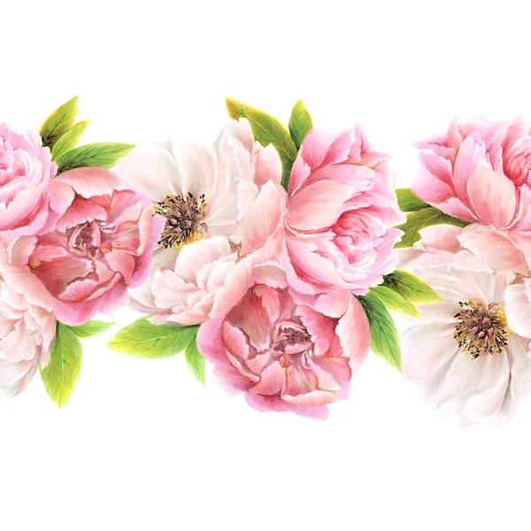 Seamless floral border. Floral ornament for decor. Greeting card with drawn peonies. Watercolor bouquet.