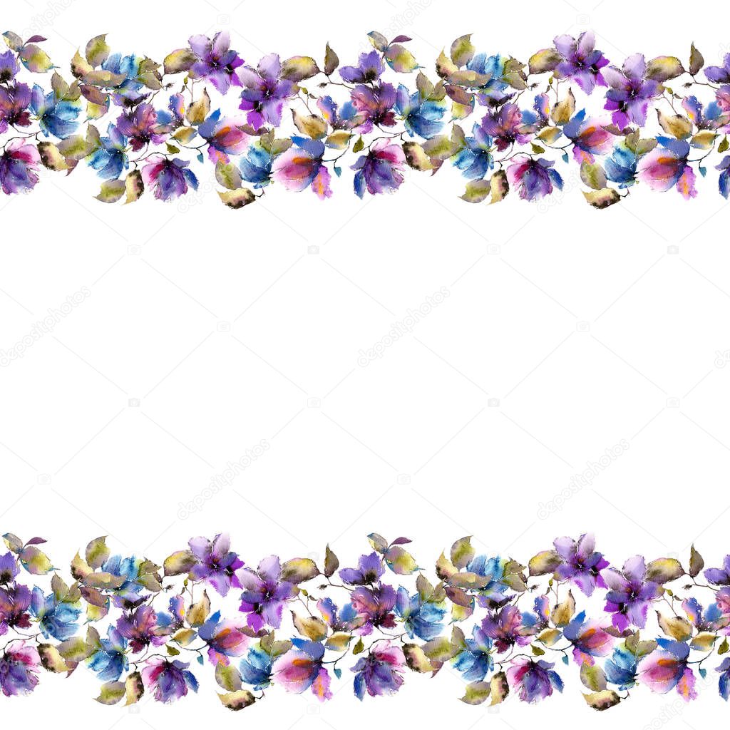 Seamless floral border. Watercolor floral frame. Wedding invitation design with drawn flowers. Purple flowers. 