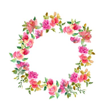 Yuvarlak çerçeve çiçek. Davetiye tasarım suluboya çiçekli düğün. Pembe Güllü çiçek tebrik kartı. Çiçek çelenk.