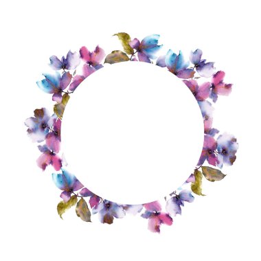 Yuvarlak çerçeve çiçek. Düğün davetiyesi tasarımı ile suluboya mor çiçekler. Çiçek tebrik kartı. Çiçek çelenk.