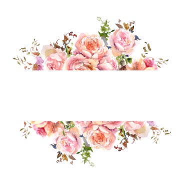 Güllü çerçeve çiçek. Waterolor çiçek sınır. Çiçek tebrik kartı. Çiçek düğün davetiyesi.