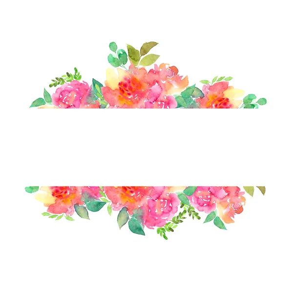 Floral frame with pink flowers. Waterolor floral border. Floral greeting card. Floral wedding invitation.