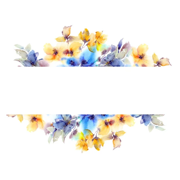 Cadre Floral Fleurs Bleues Jaunes Bordure Florale Aquarelle Carte Vœux — Photo