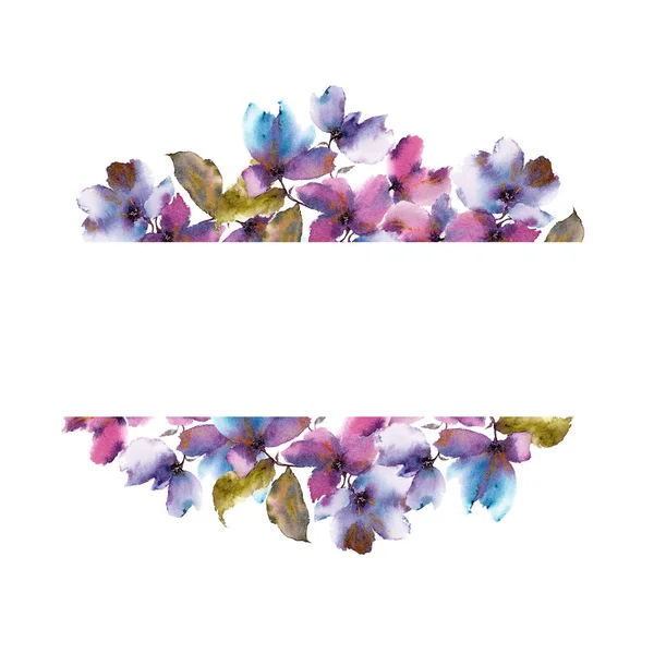 Cadre Floral Avec Des Fleurs Violettes Bordure Florale Aquarelle Carte — Photo