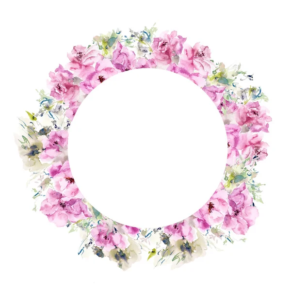 Rund Blommig Ram Bröllop Inbjudan Design Med Akvarell Blommor Blommig — Stockfoto