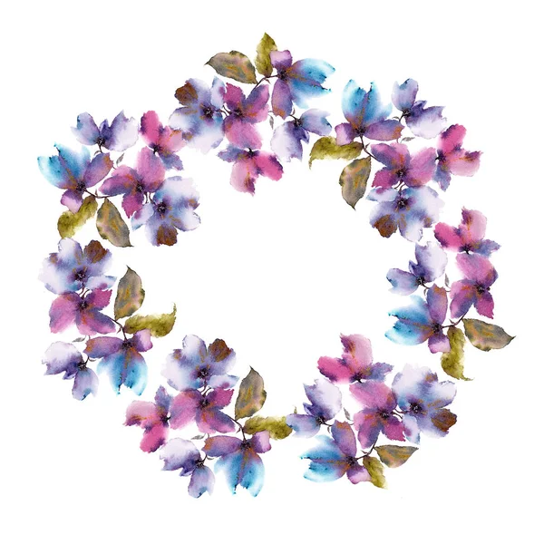 Rundes Blumengestell Hochzeitseinladung Design Mit Aquarell Lila Blumen Blumengrüßkarte Blumenkranz — Stockfoto