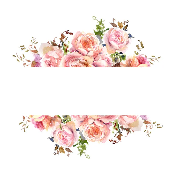 Güllü çerçeve çiçek. Waterolor çiçek sınır. Çiçek tebrik kartı. Çiçek düğün davetiyesi.