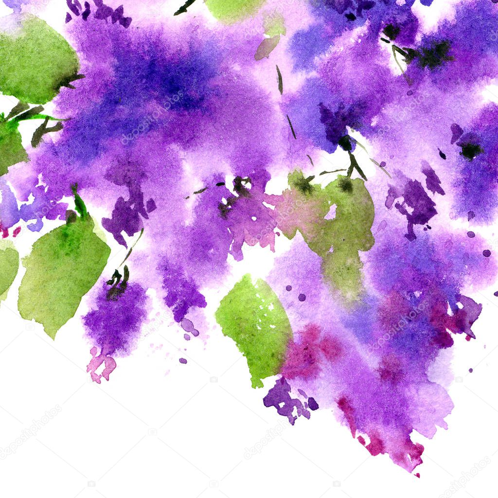 Purple flowers. Watercolor drawn lilac bouquet. Abstract floral background.
