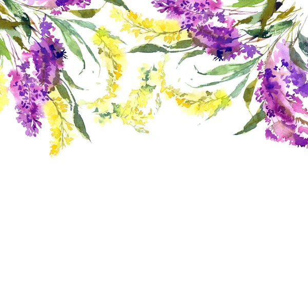 Wesele Kwiatowy Wzór Kwiaty Akwarela Kwiatowy Kartkę Życzeniami Fioletowych Żółtych — Zdjęcie stockowe