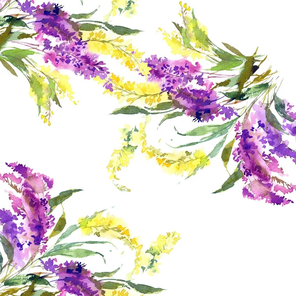 Floral wedding design. Floral decorative border. Watercolor flowers. Floral greeting card with purple and yellow flowers.