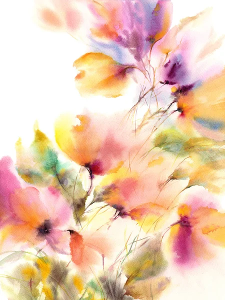 Floral background. Watercolor floral painting. Delocate colorful flowers. Floral wall art. Abstract flowers art.