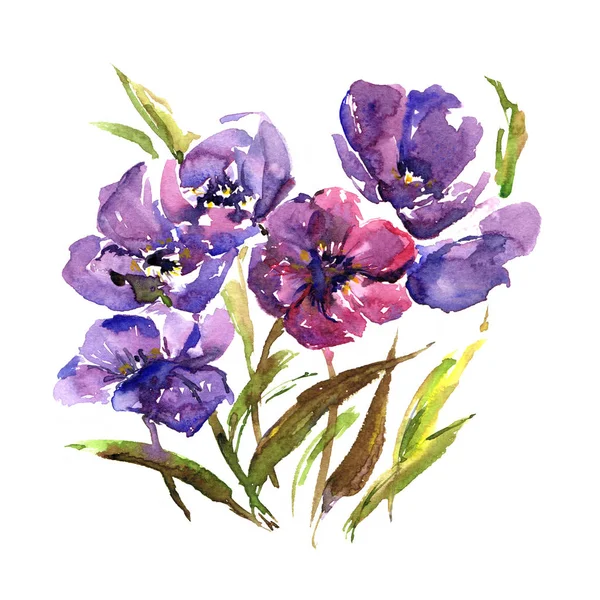 Violet flowers. Floral bouquet. Watercolor purple flowers. Wedding invitation floral design. Drawing color bouquet.