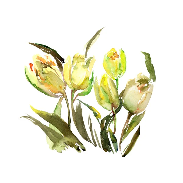 Yellow Tulips Floral Bouquet Spring Flowers Floral Greeting Card Watercolor — Stock Photo, Image