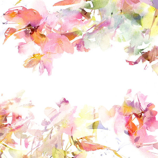 Watecolor floral frame. Greeting card with delicate flowers. Floral birthday card. Floral background.