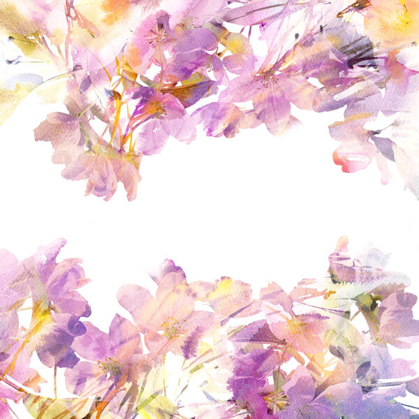 Tender floral frame with pink colours and copy space. Watecolor flowers. Wedding invitation floral design. Greeting card with delicate flowers.