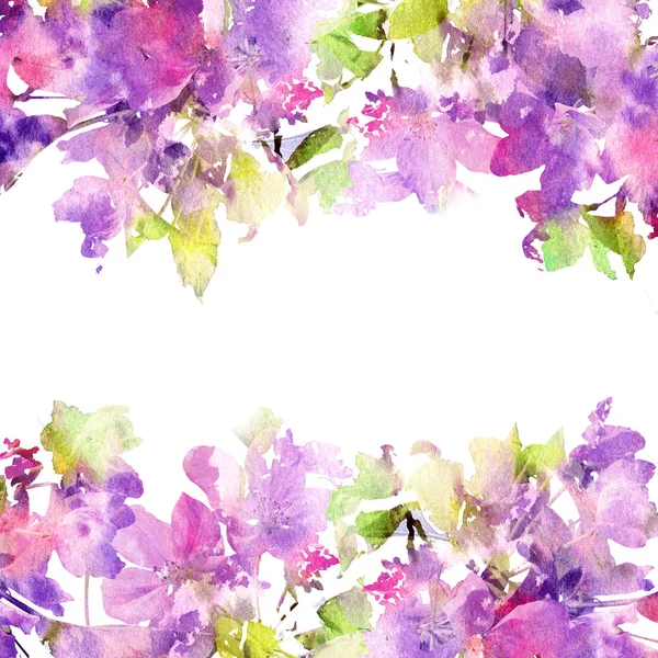 Floral frame. Watecolor violet flowers. Wedding invitation floral design with copy space.