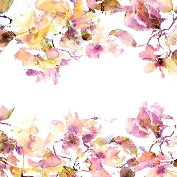 Floral frame in pink and beige colours. Watecolor flowers. Wedding invitation floral design. Greeting card with delicate flowers. Floral birthday card. Floral background.