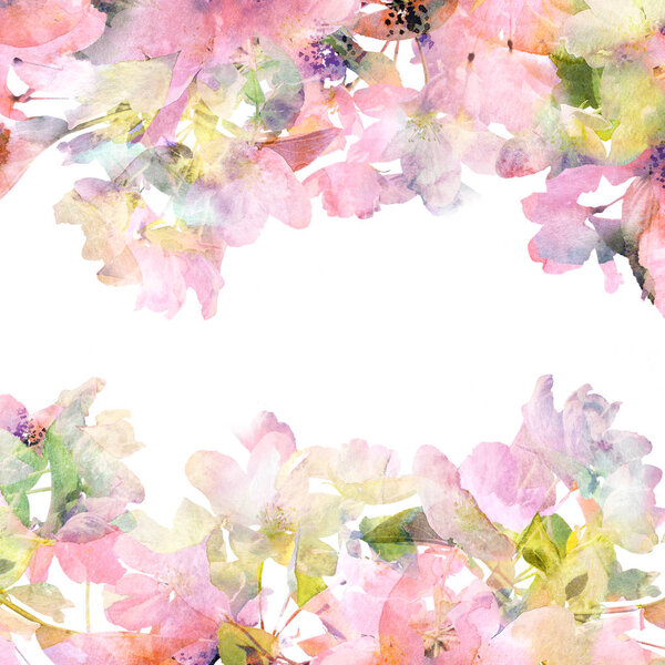 Floral frame in tender pink colours. Watecolor flowers. Wedding invitation floral design. Greeting card with delicate flowers. Floral birthday card. Floral background.