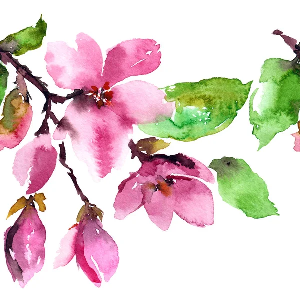 Квіти Магнолії Квітковий Фон Рожевими Квітами Акварельні Квіткові Вітальні Листівки — стокове фото