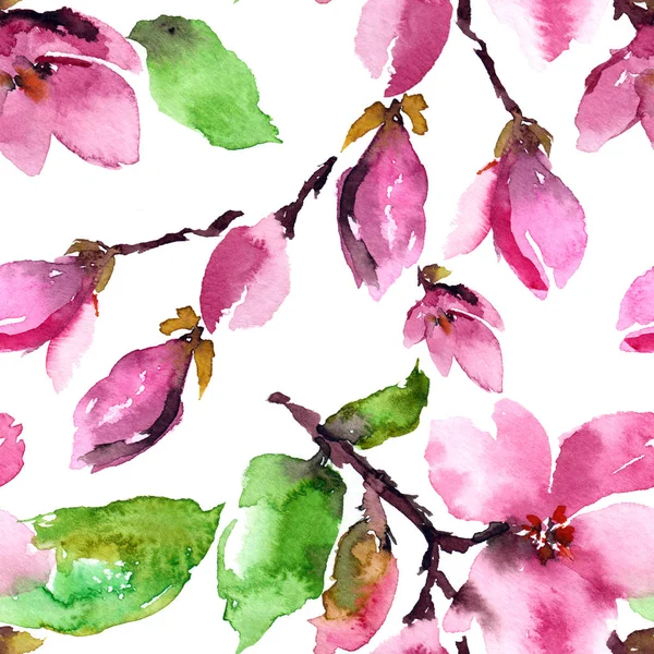 Seamless floral pattern with pink magnolia. Watercolor pink flowers. Magnolia blossom. Wedding floral design.