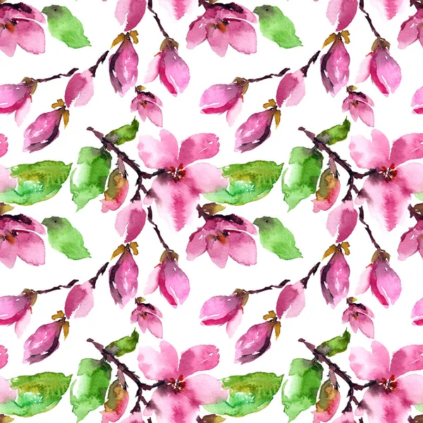 Seamless floral pattern with pink magnolia. Watercolor pink flowers. Magnolia blossom. Wedding floral design.