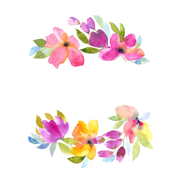 花花环 水彩花 用于贺卡装饰 婚礼邀请花卉设计 花节日框架与粉红色和黄色的花 — 图库照片