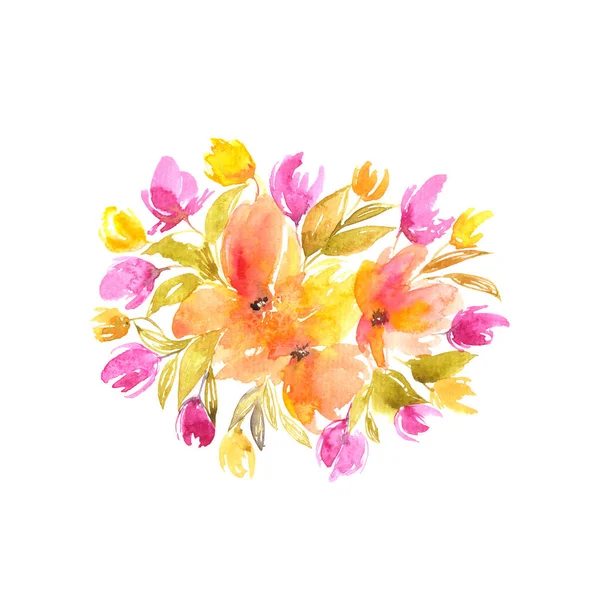 Kwiatowy Bukiet Ślubny Kwiaty Akwarela Kwiatowy Kartkę Życzeniami Żółte Różowe — Zdjęcie stockowe