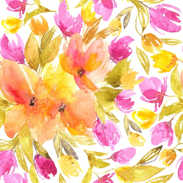 Απρόσκοπτη Λουλουδάτο Μοτίβο Ακουαρέλα Λουλούδια Floral Φόντο Κίτρινες Και Ροζ — Φωτογραφία Αρχείου
