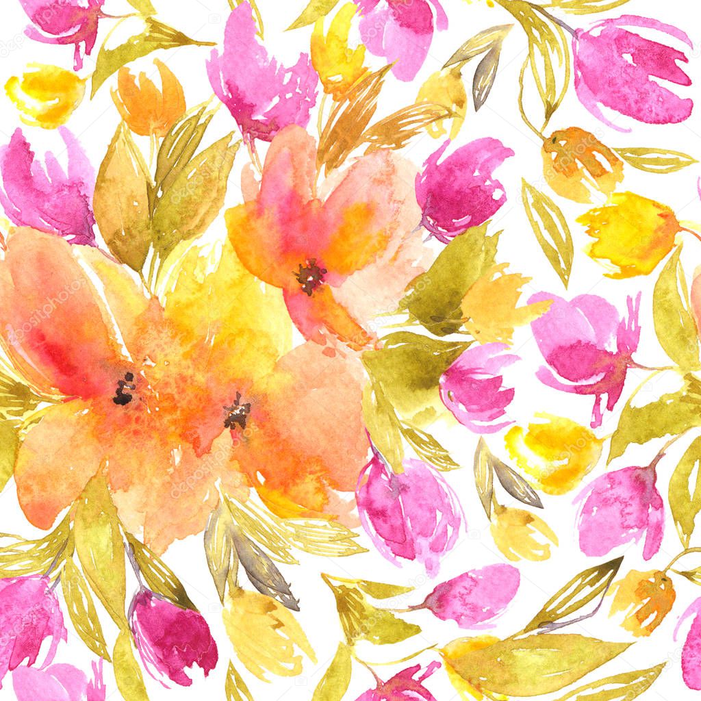 Seamless floral pattern. Watercolor flowers. Floral background with yellow and pink flowers.