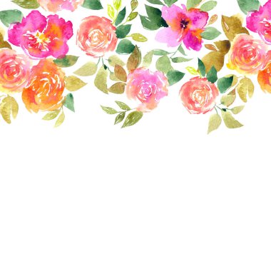 Renkli suluboya çiçekleri ile Çiçek tebrik kartı. Gül çiziyor. Çiçek çerçevesi. Çiçek tasarımı ile düğün davetiyesi.