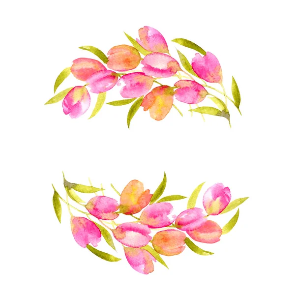 Квітковий Вінок Рожевими Ніжними Тюльпанами Квіткова Рамка Квіткова Листівка — стокове фото