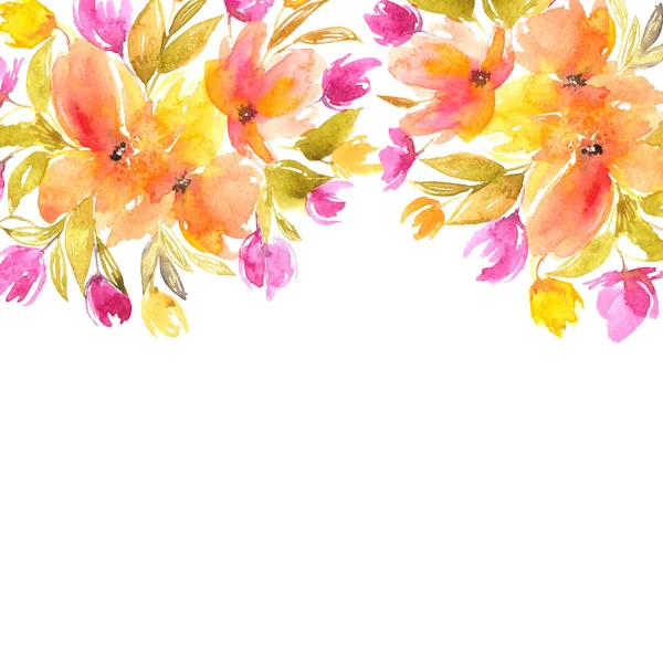 Virágos Üdvözlés Kártya Val Sárga Rózsaszín Tulipánok Virágos Keret — Stock Fotó