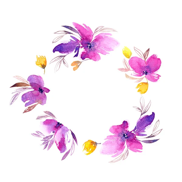 Blomsterkrans Akvarell Blommor Blommig Gratulationskort Bröllop Inbjudan Med Blommor Ram — Stockfoto