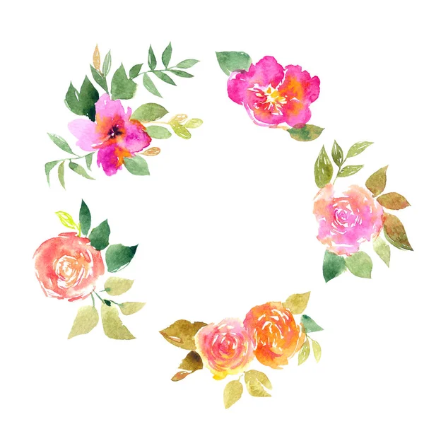 Blomsterkrans Akvarell Blommor Blommig Gratulationskort Bröllop Inbjudan Med Blommor Ram — Stockfoto
