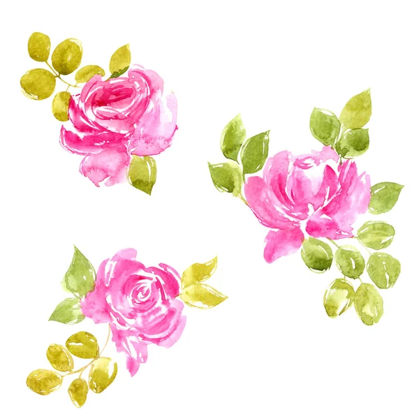 Rose Rosa Fiori Acquerello Set Arredamento Biglietto Auguri Disegno Rose — Foto Stock