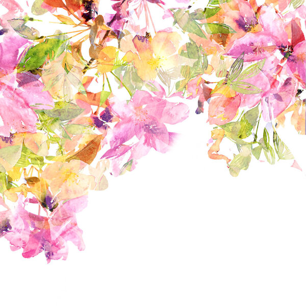 Floral decor. Watecolor flowers. Wedding invitation floral design. Greeting card with delicate flowers. Floral birthday card. Vintage floral background.