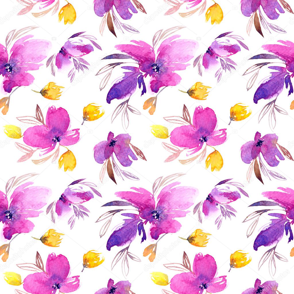 Seamless floral pattern. Watercolor purple delicate flowers. Lovely flowers textile. Vintage floral background. Spring flowers pattern.