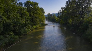 Latoritsa mountain river in the Ukrainian Carpathian mountains. Aerial view from drone. Ukraine.