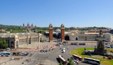 Barselona, İspanya, turistik şehir - İspanya Meydanı, Montjuic 'in ikonik simgesi, popüler seyahat merkezi. Barselona, Avrupa 'dan kartpostal..
