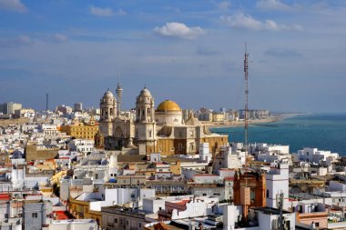 Eski şehrin çatıları ve Santa Cruz Katedrali 'nin sabah havadan görünüşü Cadiz' deki Tavira kulesinden, Endülüs, İspanya