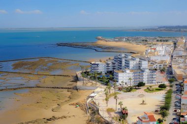 Chipiona, Spain: Panoramic view from famous lighthouse of Chipiona Faro de Chipiona in the coast of Cadiz. The highest in Spain. clipart