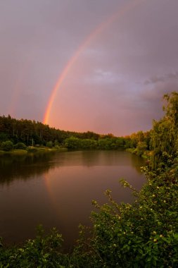 Vereshytsia, Lviv bölgesinde göl ve gökkuşağı, bahar ve orman ile güzel bir akşam batımı manzarası. Haziran 2020.