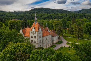Shenborn Şatosu, Karpat Dağları, Ukrayna 'nın havadan görünüşü. Haziran 2020