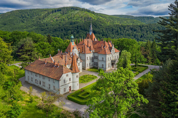 Aerial view on castle of Shenborn, Carpathians mountains, Ukraine. June 2020