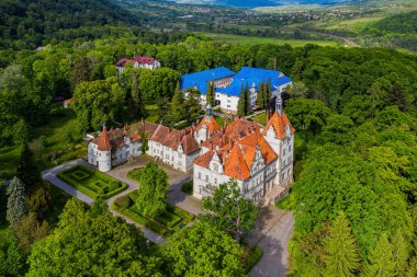 Shenborn Şatosu, Karpat Dağları, Ukrayna 'nın havadan görünüşü. Haziran 2020