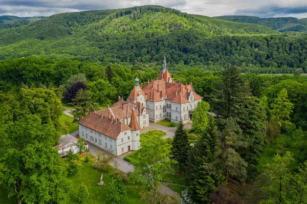 Widok z lotu ptaka na zamek Shenborn, Karpaty, Ukraina. czerwiec 2020 — Zdjęcie stockowe