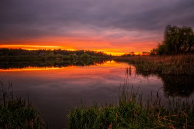 Morozy köyü bölgesi Lviv 'den Bartatov Bartativ' in uzun gün batımı manzarası. Göl ve orman. Lviv bölgesi, Ukrayna. Mayıs 2020