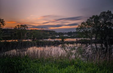 Morozy köyü bölgesi Lviv 'den Bartatov Bartativ' in uzun gün batımı manzarası. Göl ve orman. Lviv bölgesi, Ukrayna. Mayıs 2020