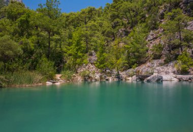 Türkiye 'nin Antalya ilinin Kemer ilçesindeki Beydaglari Coastal Ulusal Parkı içinde yer alan Goynuk kanyonundaki turkuaz göl manzarası. Ağustos 2020